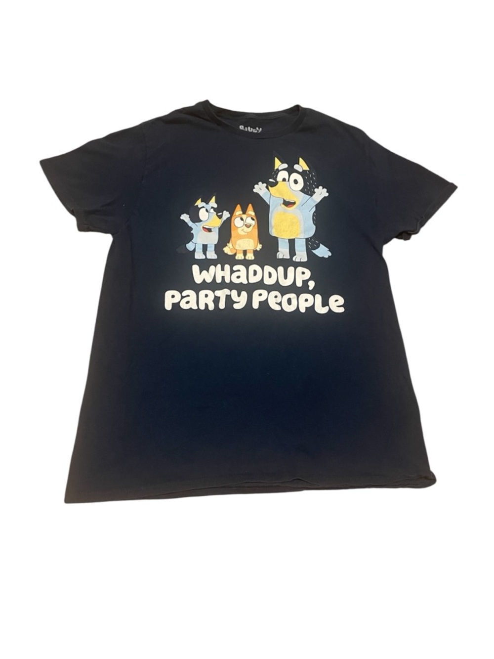 Bluey "Whaddup, Party People" Navy Graphic Tee Mens Size Large GUC
